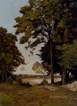  Banks Painting - A Summers Day On The Banks Of The Allier Barbizon landscape Henri Joseph Harpignies